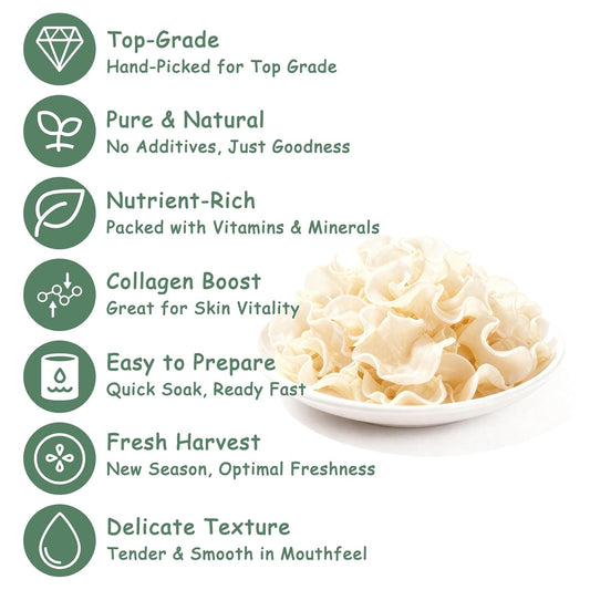 MEIMIDUO 8.0oz (227g) Dried White Wood Ear Mushrooms Naturally White (Not Bleached Black Wood Ear) Easy Rehydrate, Ideal for Stir-Fry, Soup, Salad