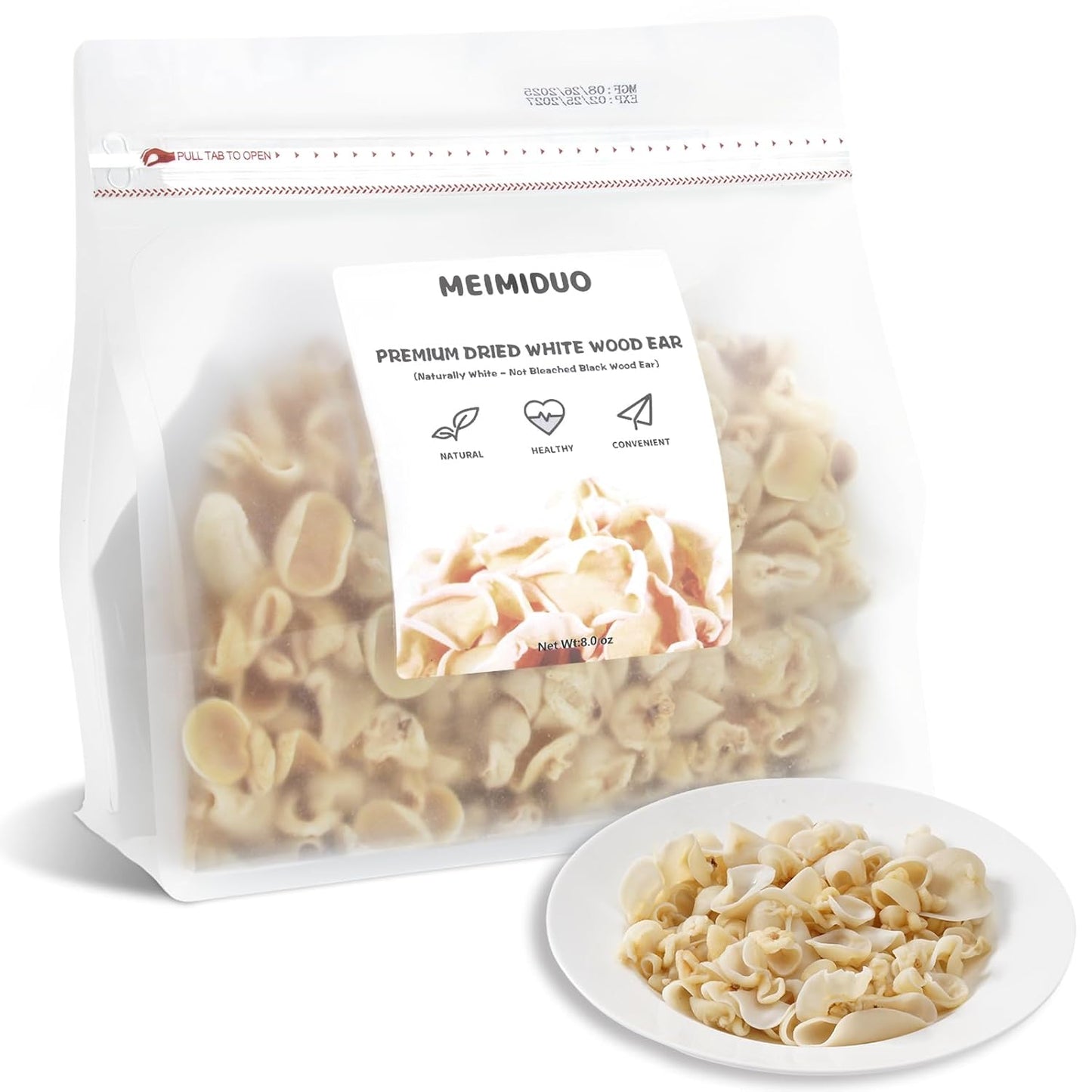 MEIMIDUO 8.0oz (227g) Dried White Wood Ear Mushrooms Naturally White (Not Bleached Black Wood Ear) Easy Rehydrate, Ideal for Stir-Fry, Soup, Salad