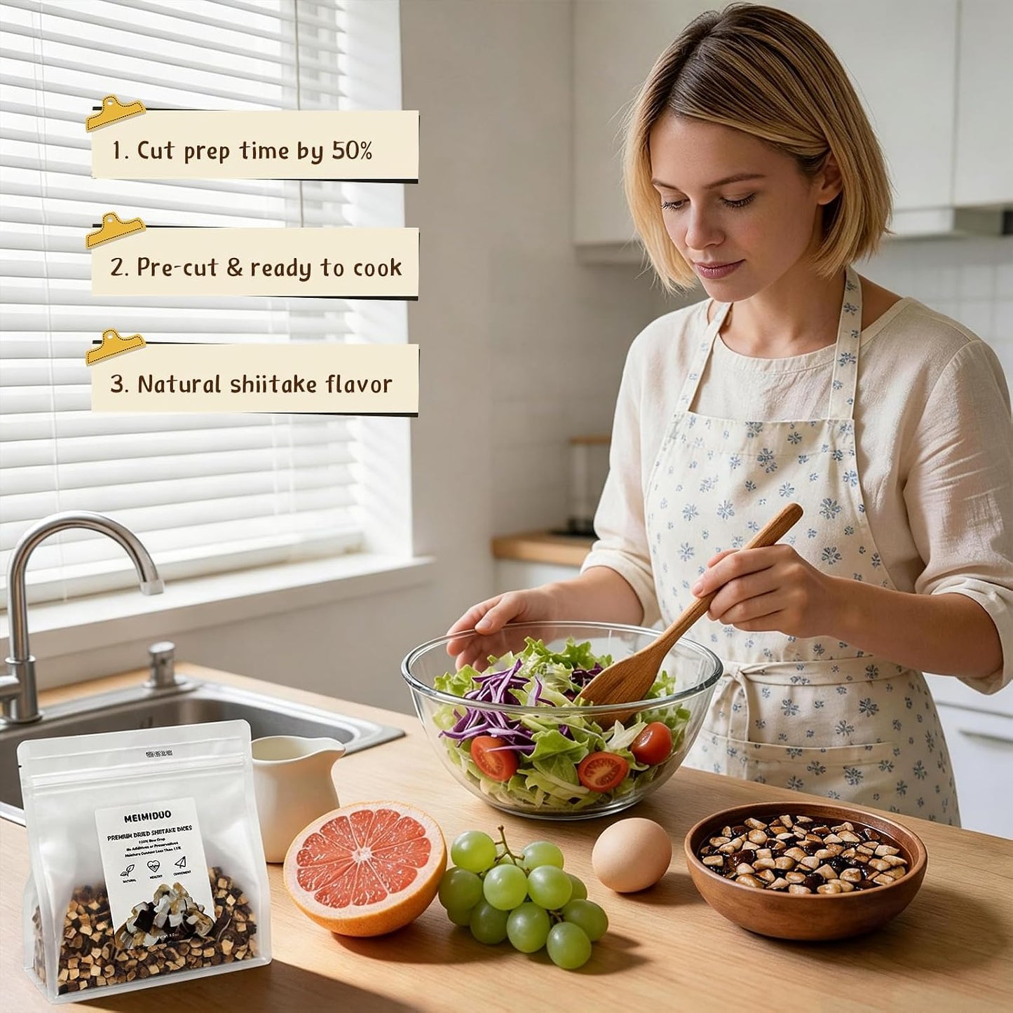 MEIMIDUO Pre-Cut Dried Shiitake Dices, Natural Dried Mushrooms, Premium Shiitake Mushrooms, Rich Mushroom Flavor, No Additives, Ideal Mushroom Powder Alternative for All Cuisines