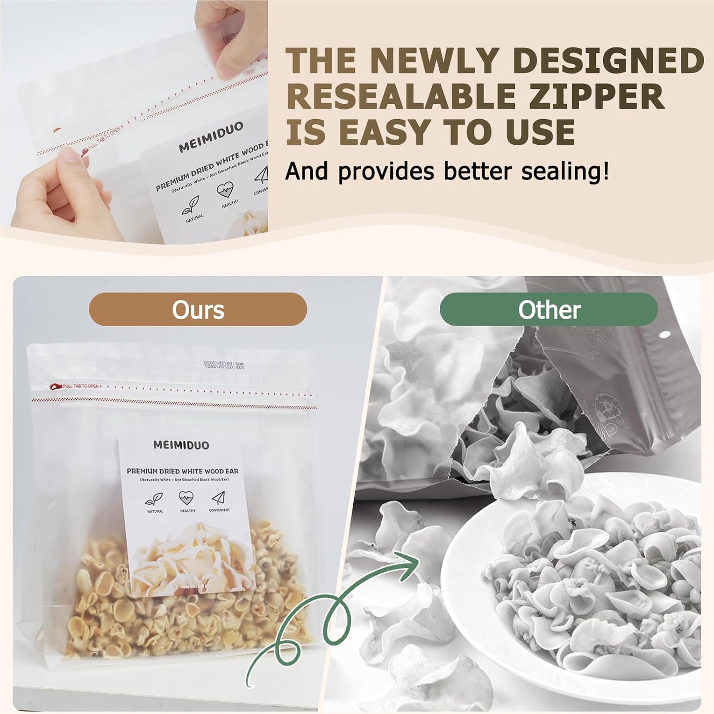 MEIMIDUO 8.0oz (227g) Dried White Wood Ear Mushrooms Naturally White (Not Bleached Black Wood Ear) Easy Rehydrate, Ideal for Stir-Fry, Soup, Salad